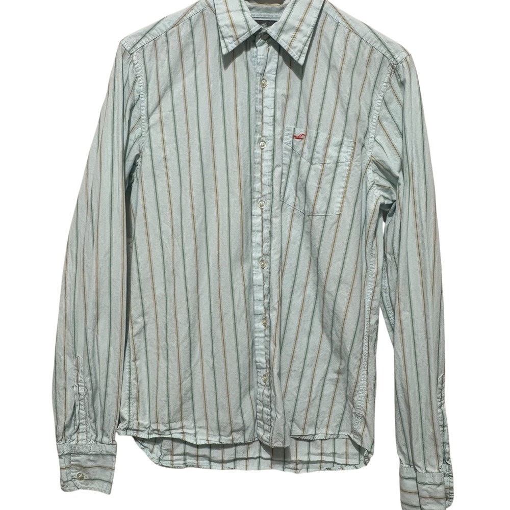 Hollister Men Button Up Shirt M Blue Yellow Stripe Classic Preppy Coastal Casual